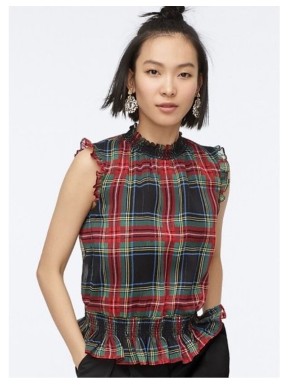 J. Crew Gilded Stewart Tartan Plaid Mock Neck Sleeveless Blouse Black 10